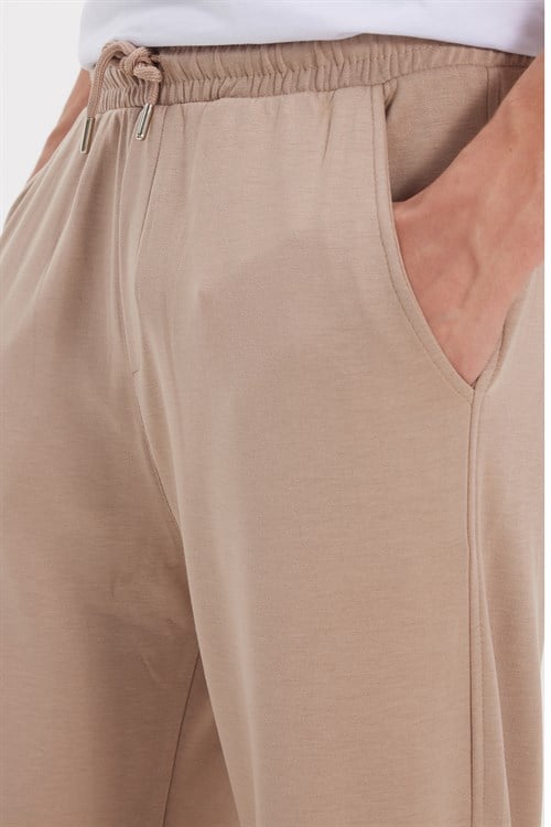 Erkek Koyu Vizon Baggy Fit Rahat Kesim Modal Kumaş Soft Doku Beli Bağcıklı Yan Cepli Eşofman Altı