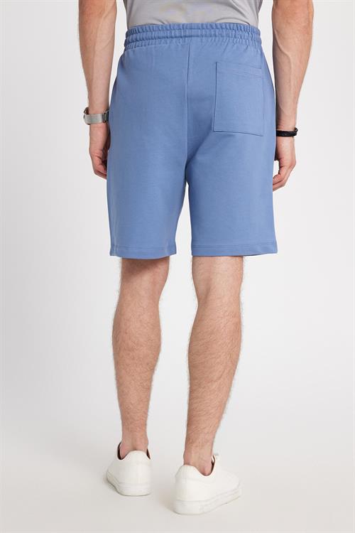 Erkek Relax Fit Rahat Kesim %100 Pamuk Beli Bağcıklı Mavi Şort