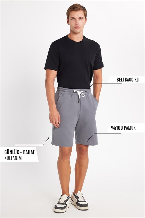 Erkek Relax Fit Rahat Kesim %100 Pamuk Beli Bağcıklı Gri Şort