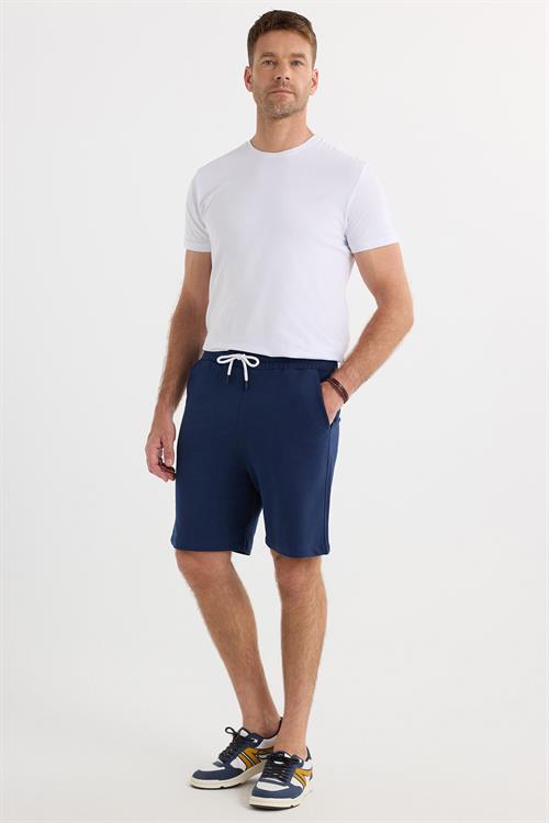 Erkek Relax Fit Rahat Kesim %100 Pamuk Beli Bağcıklı Lacivert Şort