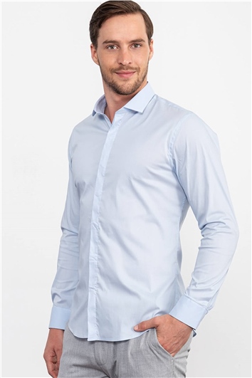 Süper Slim Fit Uzun Kollu Pamuklu Likralı Erkek Mavi Gömlek