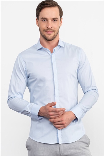 Süper Slim Fit Uzun Kollu Pamuklu Likralı Erkek Mavi Gömlek