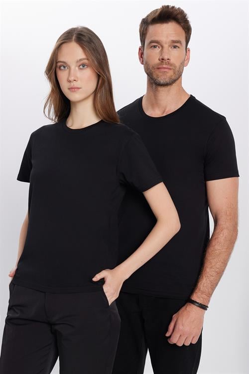 Unisex Slim Fit Dar Kesim %100 Pamuk Yumuşak Dokulu Siyah Bisiklet Yaka Tişört