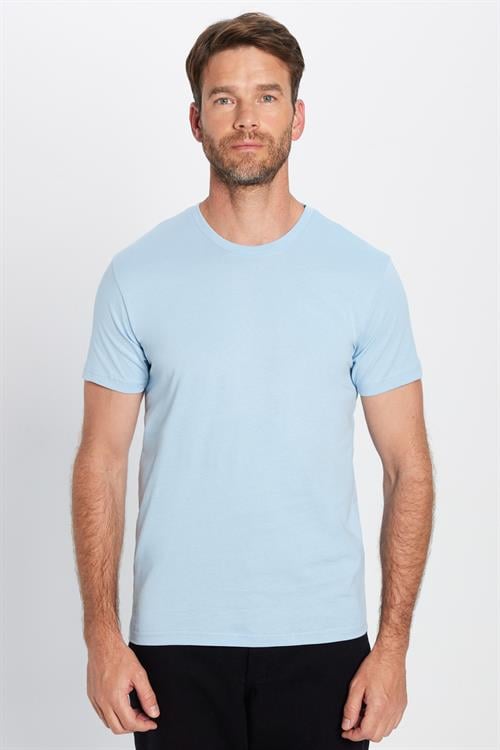 Unisex Slim Fit Dar Kesim %100 Pamuk Yumuşak Dokulu Mavi Bisiklet Yaka Tişört