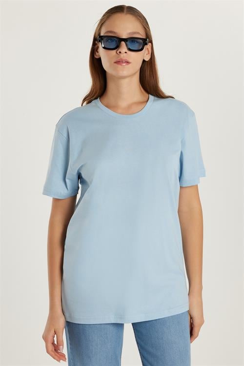 Unisex Slim Fit Dar Kesim %100 Pamuk Yumuşak Dokulu Mavi Bisiklet Yaka Tişört