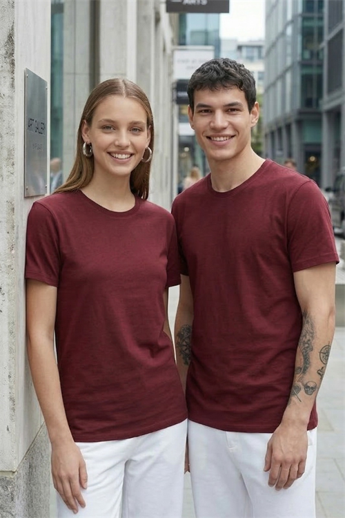 Unisex Slim Fit Dar Kesim %100 Pamuk Yumuşak Dokulu Bordo Bisiklet Yaka Tişört
