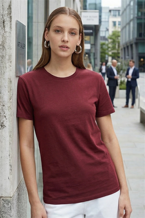 Unisex Slim Fit Dar Kesim %100 Pamuk Yumuşak Dokulu Bordo Bisiklet Yaka Tişört