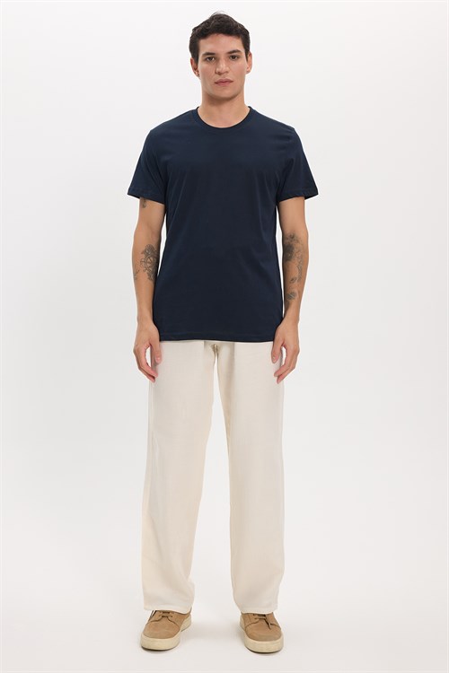 Unisex Slim Fit Dar Kesim %100 Pamuk Yumuşak Dokulu Lacivert Bisiklet Yaka Tişört