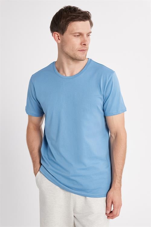 Unisex Slim Fit Dar Kesim %100 Pamuk Yumuşak Dokulu Mavi Bisiklet Yaka Tişört