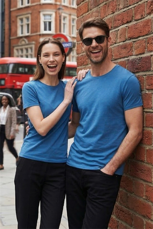 Unisex Slim Fit Dar Kesim %100 Pamuk Yumuşak Dokulu Mavi Bisiklet Yaka Tişört