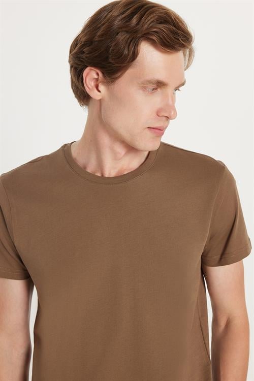 Unisex Slim Fit Dar Kesim %100 Pamuk Yumuşak Dokulu Kahverengi Bisiklet Yaka Tişört