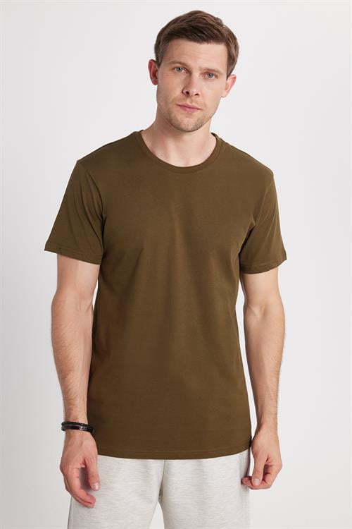 Unisex Slim Fit Dar Kesim %100 Pamuk Yumuşak Dokulu Haki Bisiklet Yaka Tişört