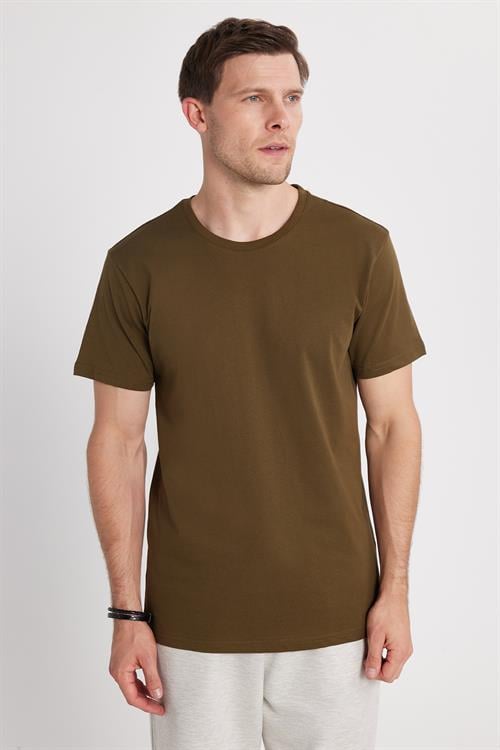 Unisex Slim Fit Dar Kesim %100 Pamuk Yumuşak Dokulu Haki Bisiklet Yaka Tişört