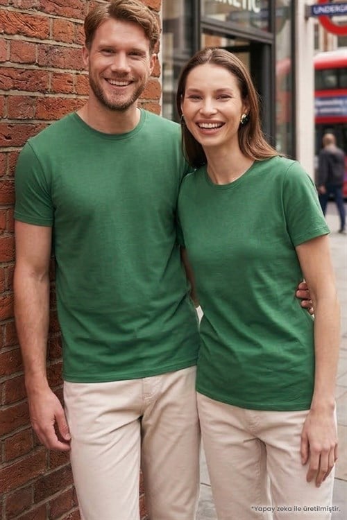 Unisex Slim Fit Dar Kesim %100 Pamuk Yumuşak Dokulu Yeşil Bisiklet Yaka Tişört