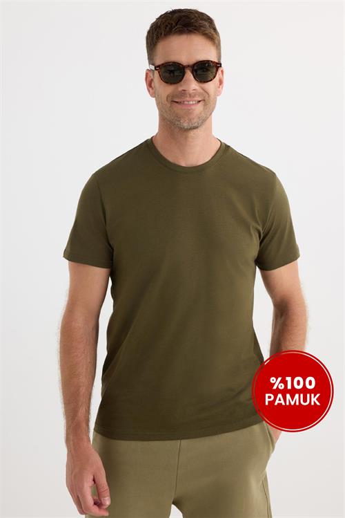 Unisex Slim Fit Dar Kesim %100 Pamuk Yumuşak Dokulu Yeşil Bisiklet Yaka Tişört