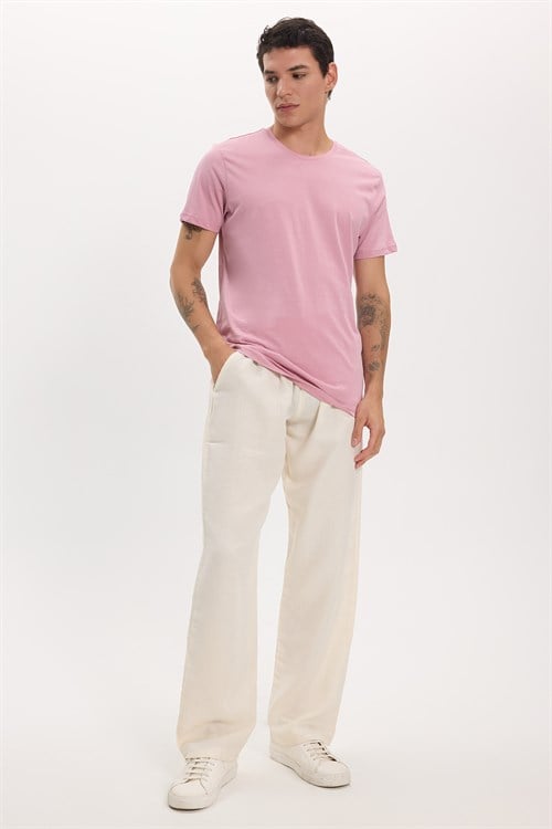 Unisex Slim Fit Dar Kesim %100 Pamuk Yumuşak Dokulu Lila Bisiklet Yaka Tişört