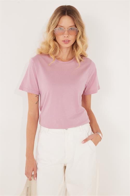Unisex Slim Fit Dar Kesim %100 Pamuk Yumuşak Dokulu Lila Bisiklet Yaka Tişört