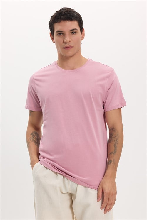 Unisex Slim Fit Dar Kesim %100 Pamuk Yumuşak Dokulu Lila Bisiklet Yaka Tişört