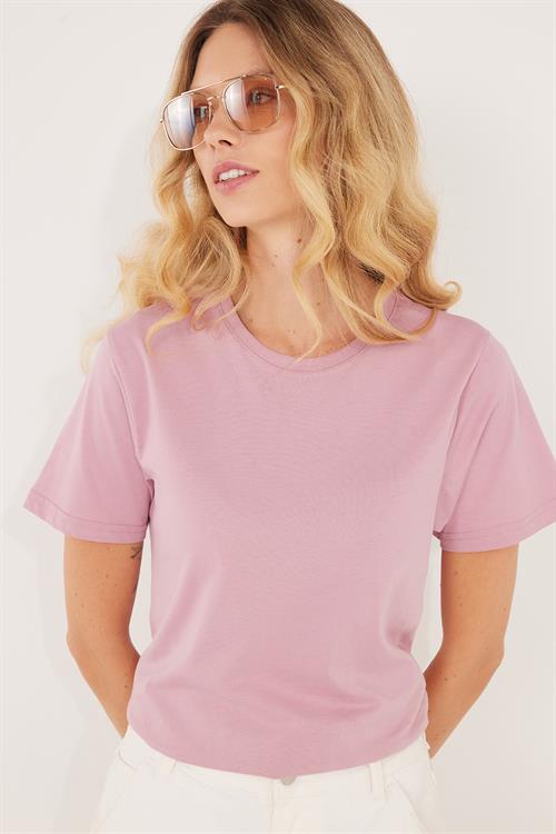 Unisex Slim Fit Dar Kesim %100 Pamuk Yumuşak Dokulu Lila Bisiklet Yaka Tişört