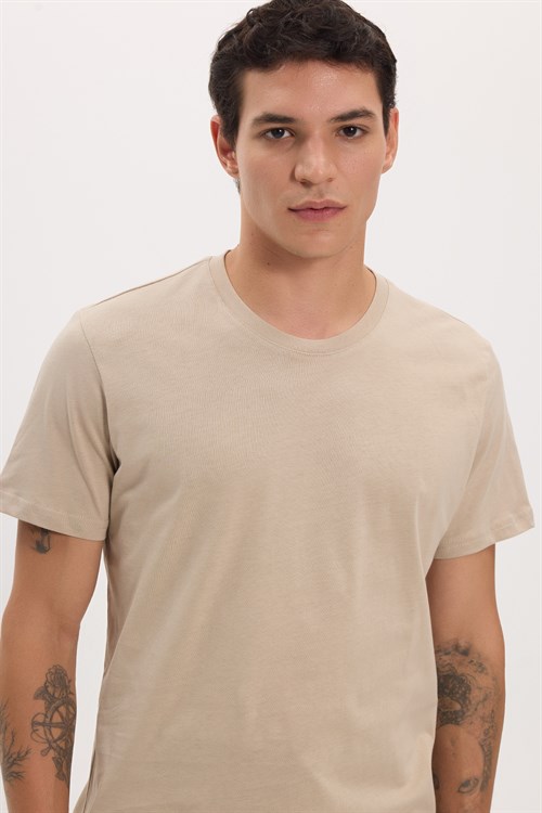 Unisex Slim Fit Dar Kesim %100 Pamuk Yumuşak Dokulu Vizon Renk Bisiklet Yaka Tişört