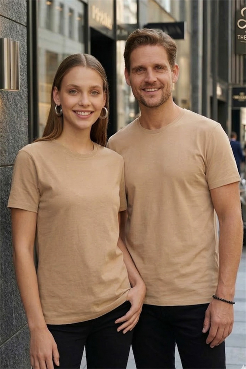 Unisex Slim Fit Dar Kesim %100 Pamuk Yumuşak Dokulu Vizon Renk Bisiklet Yaka Tişört