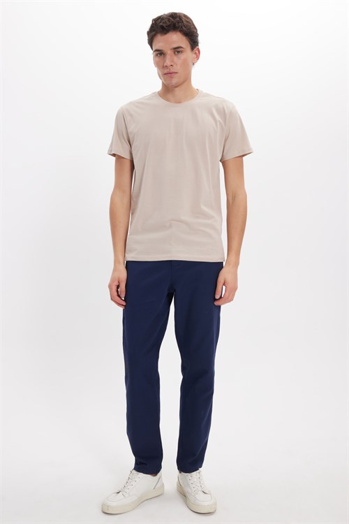 Unisex Slim Fit Dar Kesim %100 Pamuk Yumuşak Dokulu Vizon Bisiklet Yaka Tişört