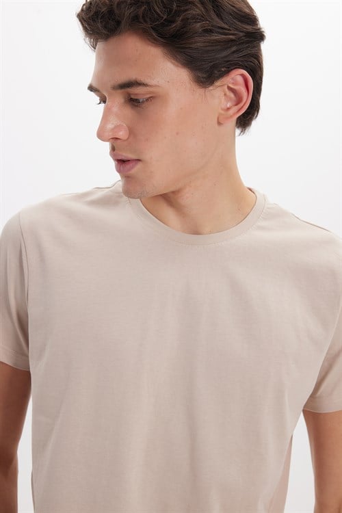 Unisex Slim Fit Dar Kesim %100 Pamuk Yumuşak Dokulu Vizon Bisiklet Yaka Tişört