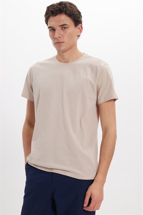 Unisex Slim Fit Dar Kesim %100 Pamuk Yumuşak Dokulu Vizon Bisiklet Yaka Tişört
