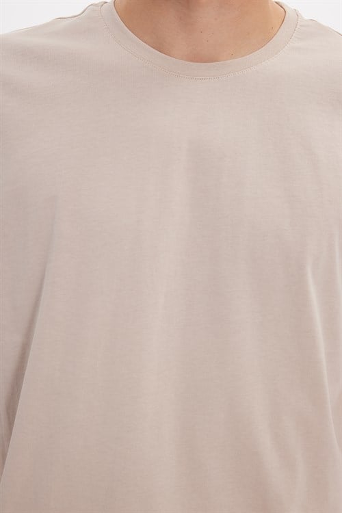 Unisex Slim Fit Dar Kesim %100 Pamuk Yumuşak Dokulu Vizon Bisiklet Yaka Tişört