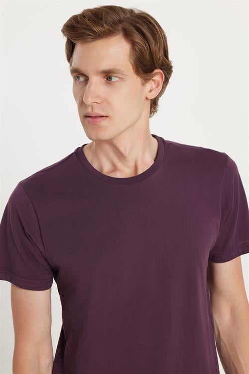 Unisex Slim Fit Dar Kesim %100 Pamuk Yumuşak Dokulu Mor Bisiklet Yaka Tişört