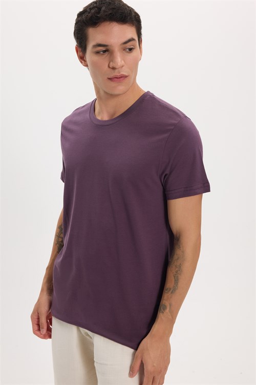 Unisex Slim Fit Dar Kesim %100 Pamuk Yumuşak Dokulu Mor Bisiklet Yaka Tişört