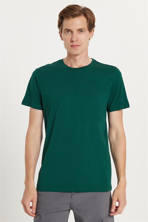 Unisex Slim Fit Dar Kesim %100 Pamuk Yumuşak Dokulu Yeşil Bisiklet Yaka Tişört