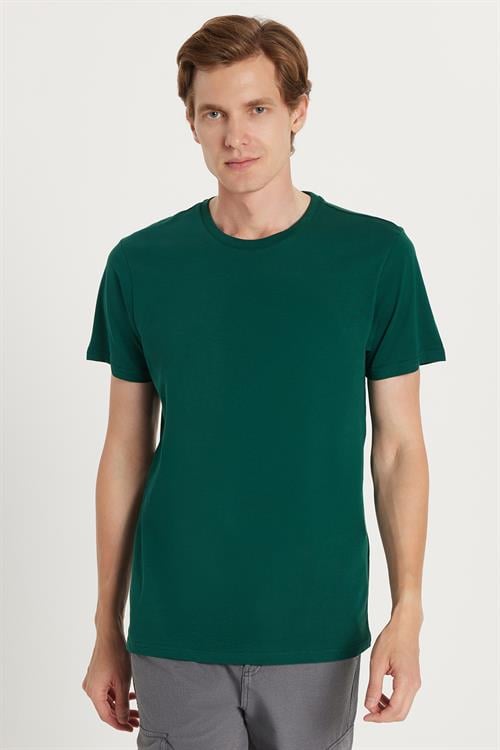 Unisex Slim Fit Dar Kesim %100 Pamuk Yumuşak Dokulu Yeşil Bisiklet Yaka Tişört