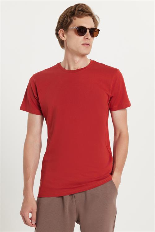 Unisex Slim Fit Dar Kesim %100 Pamuk Yumuşak Dokulu Kiremit Bisiklet Yaka Tişört
