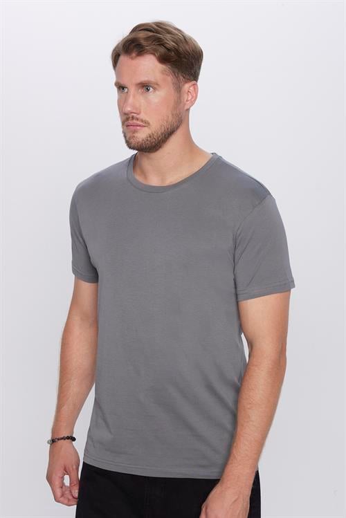 Unisex Slim Fit Dar Kesim %100 Pamuk Yumuşak Dokulu Gri Bisiklet Yaka Tişört