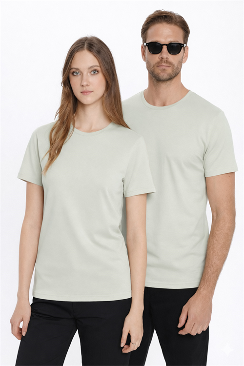 Unisex Slim Fit Dar Kesim %100 Pamuk Yumuşak Dokulu Taş Renk Bisiklet Yaka Tişört
