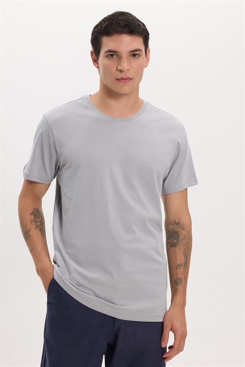 Unisex Slim Fit Dar Kesim %100 Pamuk Yumuşak Dokulu Gri Bisiklet Yaka Tişört
