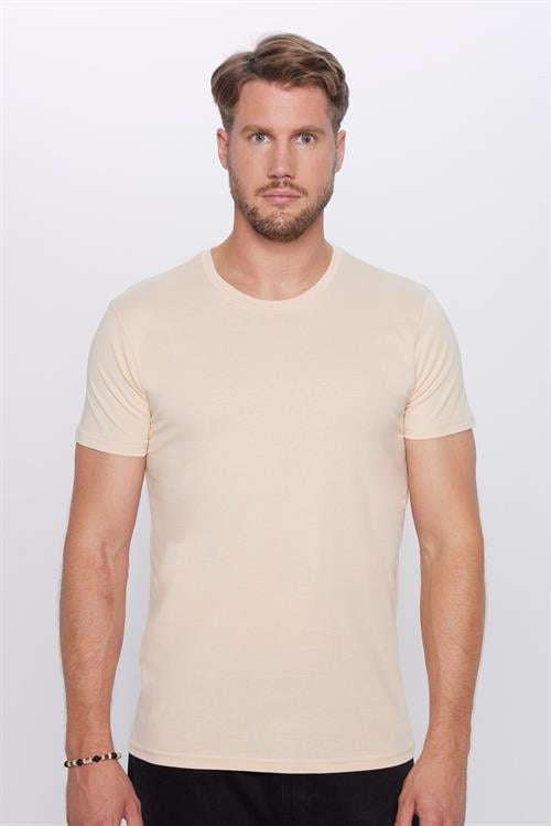Unisex Slim Fit Dar Kesim %100 Pamuk Yumuşak Dokulu Krem Renk Bisiklet Yaka Tişört