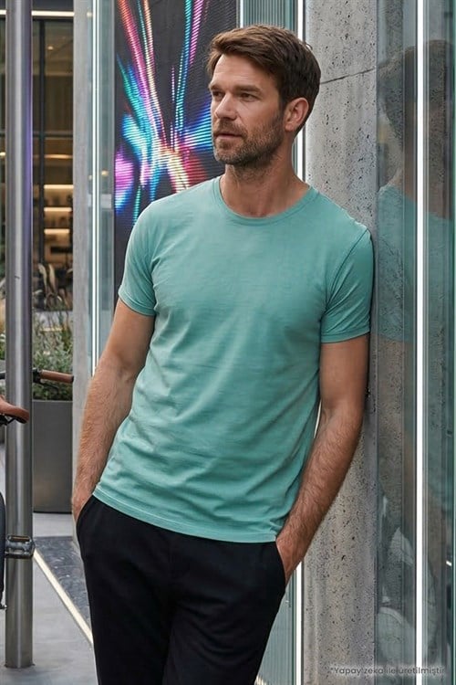 Unisex Slim Fit Dar Kesim %100 Pamuk Yumuşak Dokulu Yeşil Bisiklet Yaka Tişört
