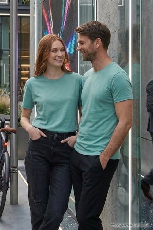 Unisex Slim Fit Dar Kesim %100 Pamuk Yumuşak Dokulu Yeşil Bisiklet Yaka Tişört