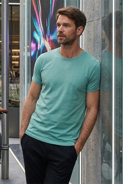 Unisex Slim Fit Dar Kesim %100 Pamuk Yumuşak Dokulu Yeşil Bisiklet Yaka Tişört