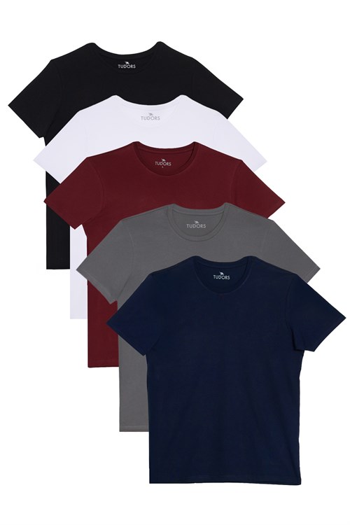 Unisex 5li Paket Siyah-Beyaz-Bordo-Lacivert-Gri Slim Fit Dar Kesim %100 Pamuk Bisiklet Yaka Tişört