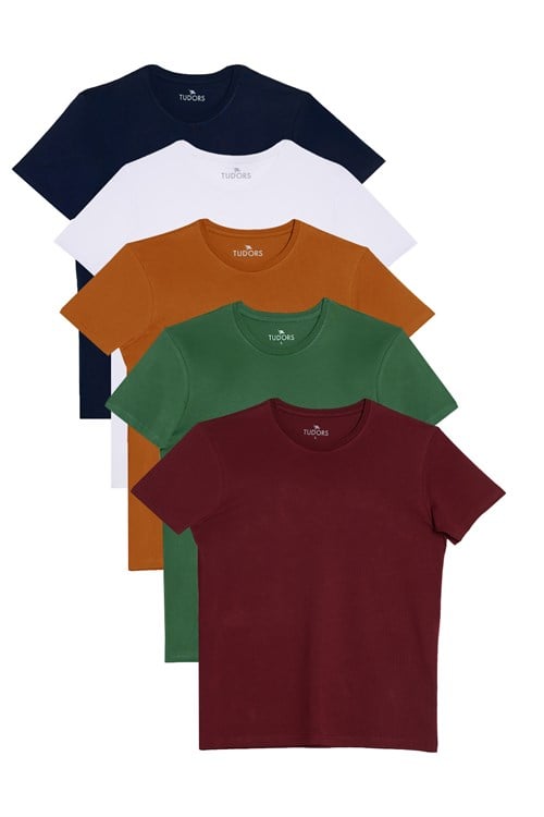Unisex 5li Paket Lacivert-Beyaz-Yeşil-Bordo-Turuncu Slim Fit Dar Kesim %100 Pamuk Bisiklet Yaka Tişört