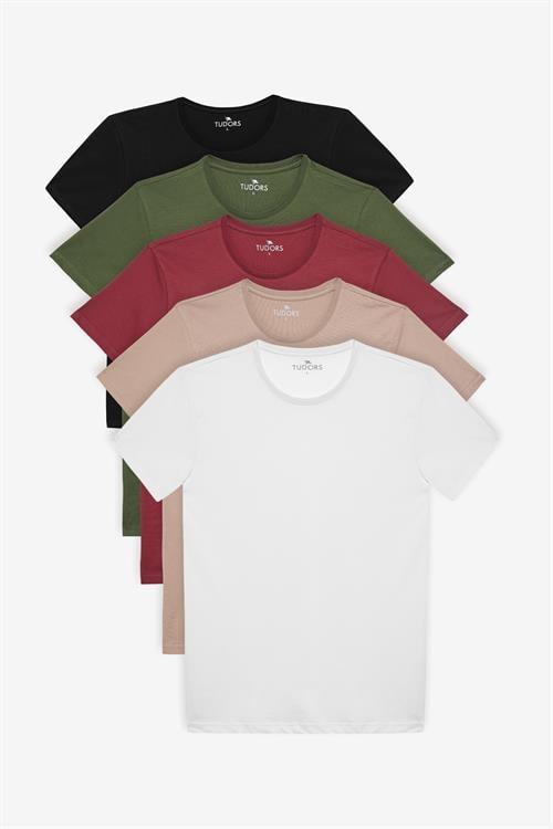 Unisex 5li Paket Siyah-Beyaz-Haki-Bordo-Vizon Slim Fit Dar Kesim %100 Pamuk Bisiklet Yaka Tişört