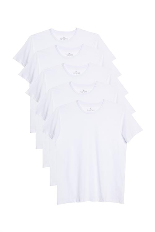 Unisex 5li Paket Beyaz Slim Fit Dar Kesim %100 Pamuk Bisiklet Yaka Tişört