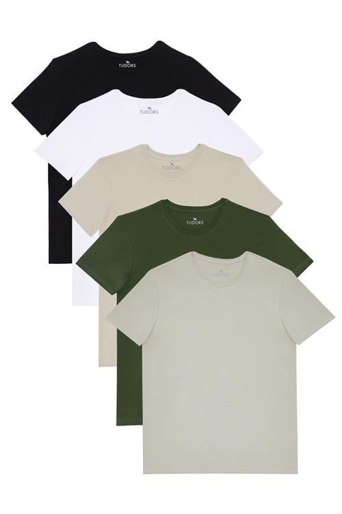 Unisex 5li Paket Siyah-Beyaz-Taş-Gri-Haki Slim Fit Dar Kesim %100 Pamuk Bisiklet Yaka Tişört