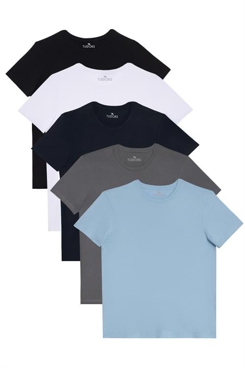 Unisex 5li Pkt Siyah-Beyaz-Lacivert-K.Gri-A.Mavi Slim Fit Dar Kesim %100 Pamuk Bisiklet Yaka Tişört
