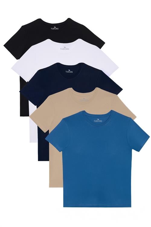 Unisex 5li Pkt Siyah-Beyaz-Lacivert-Vizon-Mavi Slim Fit Dar Kesim %100 Pamuk Bisiklet Yaka Tişört