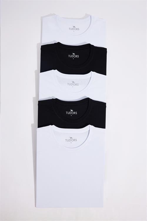 Unisex 5li Paket Siyah-Beyaz Slim Fit Dar Kesim %100 Pamuk Bisiklet Yaka Tişört