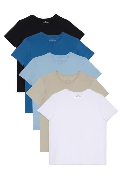 Unisex 5li Paket Siyah-Taş-Mavi-Açık Mavi-Beyaz Slim Fit Dar Kesim %100 Pamuk Bisiklet Yaka Tişört